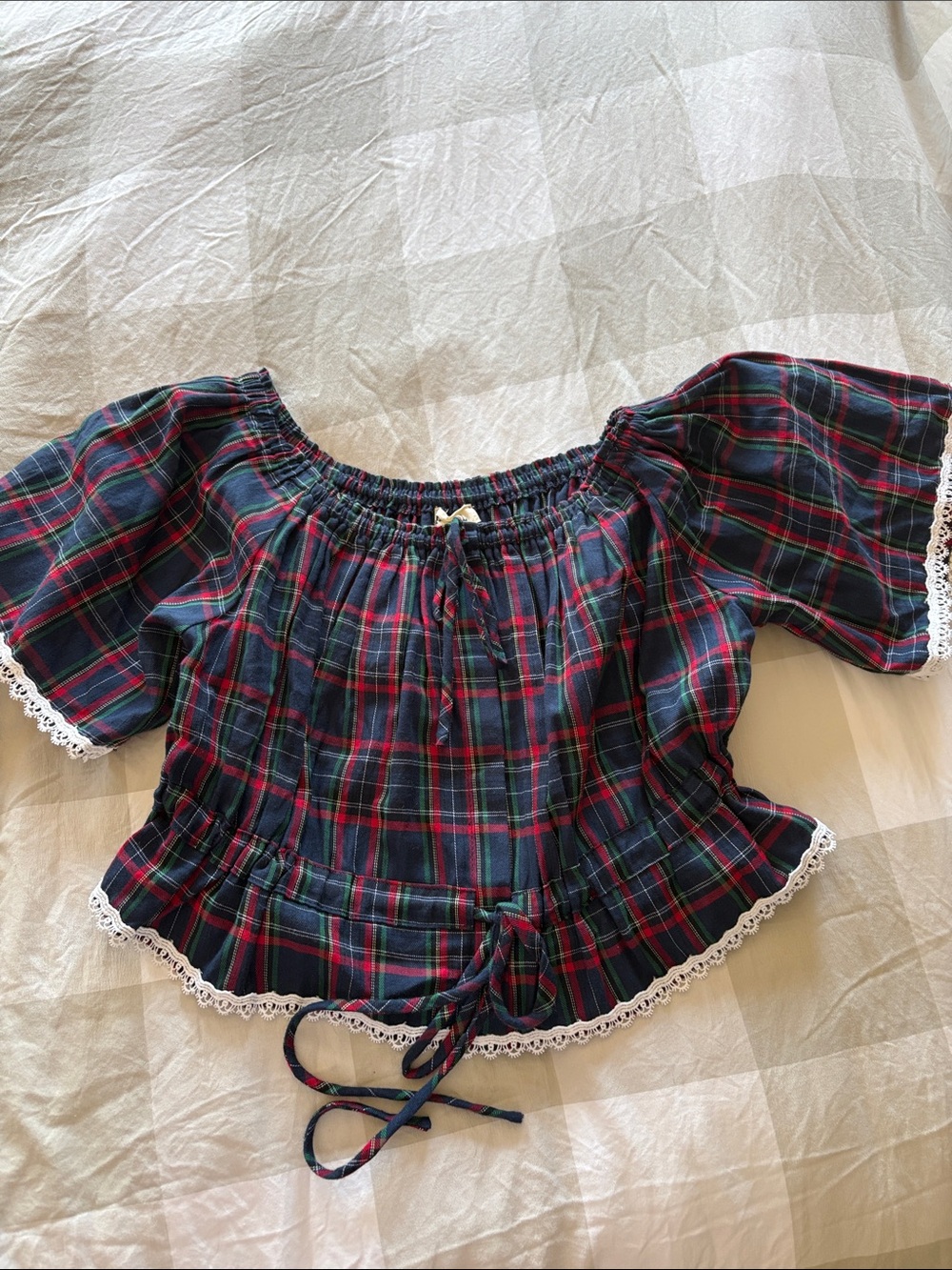 POL Women’s Plaid Peasant Top with Lace Trim - Red & Green, S, NWOT